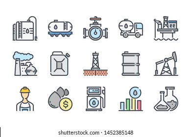 Conjunto de iconos de línea de color relacionados con el petróleo y el gas. Iconos lineales coloridos de la industria del combustible. Colección de signos vectoriales de contorno plano de Gasolina.