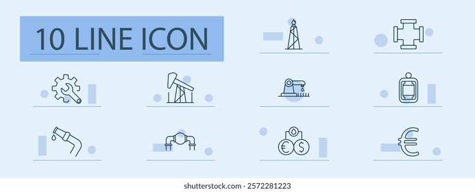 Oil and gas industry set icon. Oil rig, refinery, pipeline, storage tank, valve, drilling, maintenance, fuel dispenser, dollar, euro.