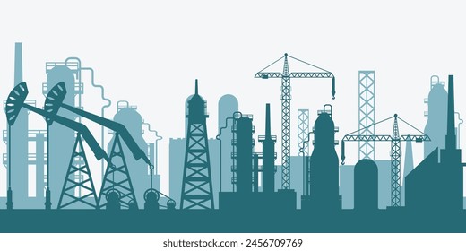 Silueta de la industria de gas de petróleo con productos químicos o petroquímicos. Planta de refinería de petróleo de procesamiento, torre de plataforma, y fábrica de extracción de gas de petróleo y plataforma de perforación de plataforma de perforación de plataforma de agua, Ilustración vectorial.