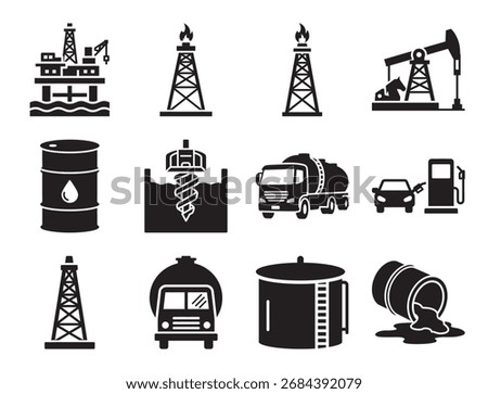 Oil and gas industry solid glyph icon set for petroleum and fuel production showing rig pump and other symbols for energy extraction and processing