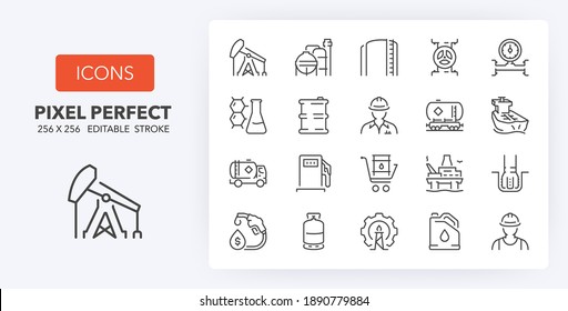 Oil and gas industry thin line icon set. Outline symbol collection. Editable vector stroke. 256x256 Pixel Perfect scalable to 128px, 64px...