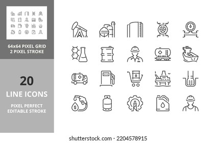 Oil and gas industry. Thin line icon set. Outline symbol collection. Editable vector stroke. 64 and 256 Pixel Perfect scalable to 128px