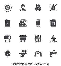 Oil and gas industry vector icons set, modern solid symbol collection, filled style pictogram pack. Signs logo illustration. Set includes icons as miner worker, oil price graph, refinery factory