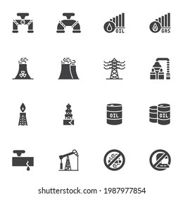 Oil and gas industry vector icons set, modern solid symbol collection, filled style pictogram pack. Signs logo illustration. Set includes icons as oil derrick, barrel, pipeline, factory pipe, gasoline