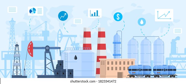Oil gas industry vector illustration. Cartoon flat industrial landscape with chemical or petrochemical processing oil refinery plant and oil gas extraction factory, rig tower silhouettes background