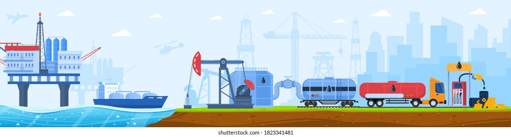 Ilustración vectorial de la industria del gas de petróleo. Caricatura paisaje urbano industrial plano con siluetas de plantas de fabricación, plataforma marítima marina, plataformas de perforación petrolera y transporte de camiones de carga