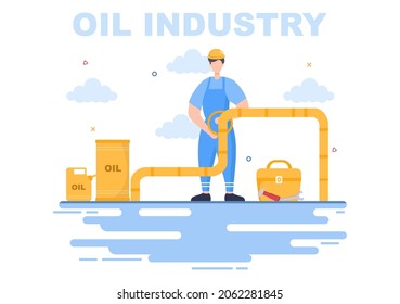 Oil Gas Industry Vector Illustration. Crude Extraction, Refinery Plant, Drilling, Gas Station, Tank use Pipe and Delivery of Fuel by Truck Transportation