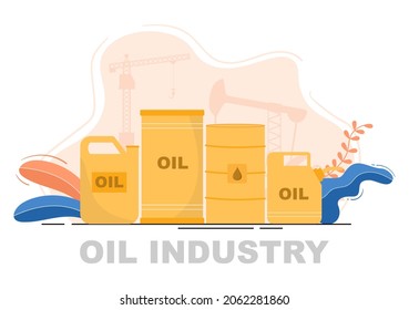 Oil Gas Industry Vector Illustration. Crude Extraction, Refinery Plant, Drilling, Gas Station, Tank use Pipe and Delivery of Fuel by Truck Transportation