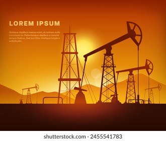 Oil gas industry. Vector illustration of oil well and rig, extraction production and transportation oil with pipe system. Silhouette pumpjack and drilling rig. Manufacturing industrial plant