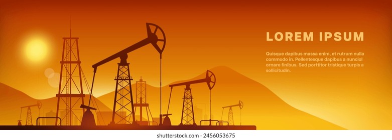 Industria del petróleo y del gas. Ilustración vectorial de pozos y plataformas petrolíferas, producción de extracción y transporte de petróleo con sistema de tuberías. Bomba de silueta y plataforma de perforación. Planta industrial manufacturera