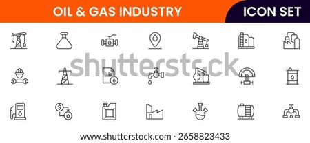 Oil and gas  industry vector line icons featuring drilling rigs, pipelines, fuel tanks, refineries, pumps, energy resources, barrels, and extraction equipment.