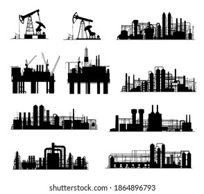 Oil and gas industry vector silhouettes. Petroleum refinery factories, drilling rigs, energy plants and derrick pumps, oil offshore platforms and pumpjacks with pipes, towers and cranes