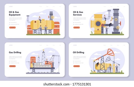 Oil and gas industry web banner or landing page set. Fuel factory, barrel with diesel. Industrial exploration of petroleum, diesel fuel. Moddern technology for exploration. Vector illustration