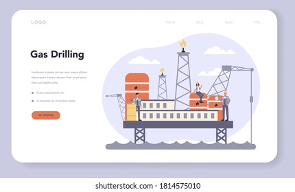 Oil and gas industry web banner or landing page. Fuel factory, barrel with diesel. Industrial exploration of petroleum, diesel fuel. Moddern technology for exploration. Vector illustration