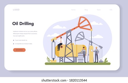 Oil and gas industry web banner or landing page. Fuel factory, barrel with diesel. Industrial exploration of petroleum, diesel fuel. Moddern technology for exploration. Vector illustration