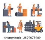 Oil and Gas Industry Workers Collection with Pipes and Industrial Elements. Editable Vector Illustration, Easy to Customize