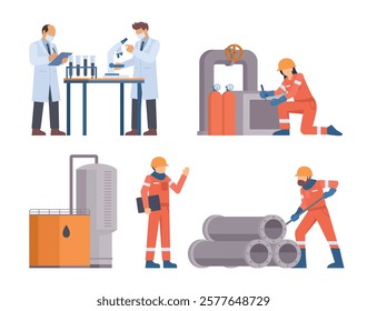 Oil and Gas Industry Workers Collection with Pipes and Industrial Elements. Editable Vector Illustration, Easy to Customize