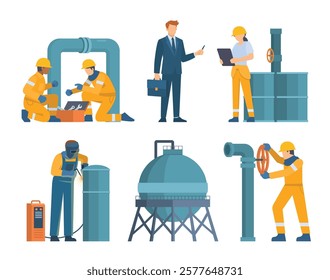 Oil and Gas Industry Workers Collection with Pipes and Industrial Elements. Editable Vector Illustration, Easy to Customize