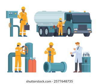 Oil and Gas Industry Workers Collection with Pipes and Industrial Elements. Editable Vector Illustration, Easy to Customize