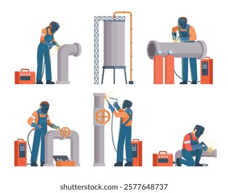 Oil and Gas Industry Workers Collection with Pipes and Industrial Elements. Editable Vector Illustration, Easy to Customize