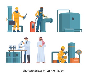 Oil and Gas Industry Workers Collection with Pipes and Industrial Elements. Editable Vector Illustration, Easy to Customize