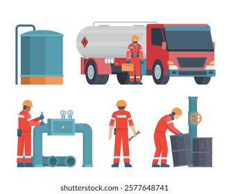 Oil and Gas Industry Workers Collection with Pipes and Industrial Elements. Editable Vector Illustration, Easy to Customize