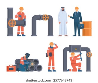 Oil and Gas Industry Workers Collection with Pipes and Industrial Elements. Editable Vector Illustration, Easy to Customize