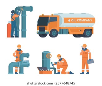 Oil and Gas Industry Workers Collection with Pipes and Industrial Elements. Editable Vector Illustration, Easy to Customize