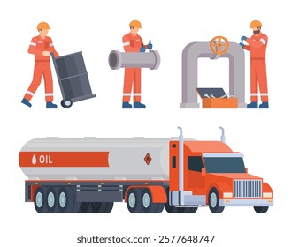 Oil and Gas Industry Workers Collection with Pipes and Industrial Elements. Editable Vector Illustration, Easy to Customize