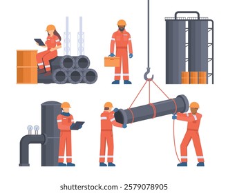 Oil and Gas Industry Workers Collection with Pipes and Industrial Elements. Editable Vector Illustration, Easy to Customize