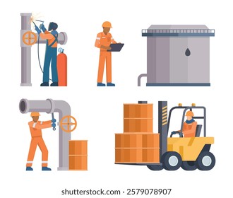 Oil and Gas Industry Workers Collection with Pipes and Industrial Elements. Editable Vector Illustration, Easy to Customize