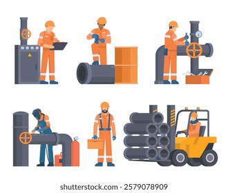 Oil and Gas Industry Workers Collection with Pipes and Industrial Elements. Editable Vector Illustration, Easy to Customize