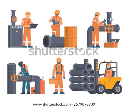 Oil and Gas Industry Workers Collection with Pipes and Industrial Elements. Editable Vector Illustration, Easy to Customize