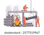 Oil and Gas Industry Workers Maintaining and Repairing Pipelines. Fully Editable Elements, Easy to Customize