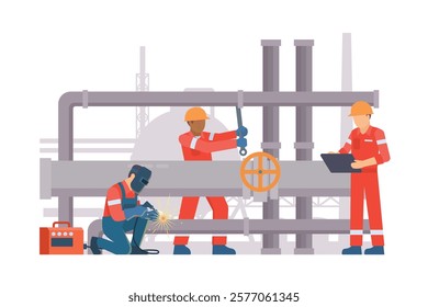 Oil and Gas Industry Workers Maintaining and Repairing Pipelines. Fully Editable Elements, Easy to Customize