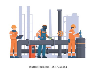 Oil and Gas Industry Workers Maintaining and Repairing Pipelines. Fully Editable Elements, Easy to Customize