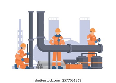 Oil and Gas Industry Workers Maintaining and Repairing Pipelines. Fully Editable Elements, Easy to Customize