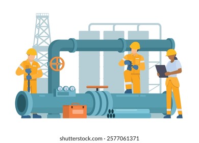 Oil and Gas Industry Workers Maintaining and Repairing Pipelines. Fully Editable Elements, Easy to Customize