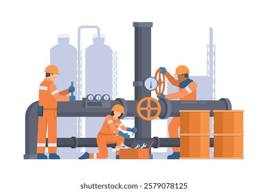 Oil and Gas Industry Workers Maintaining and Repairing Pipelines. Fully Editable Elements, Easy to Customize