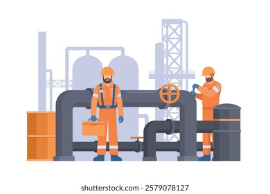 Oil and Gas Industry Workers Maintaining and Repairing Pipelines. Fully Editable Elements, Easy to Customize