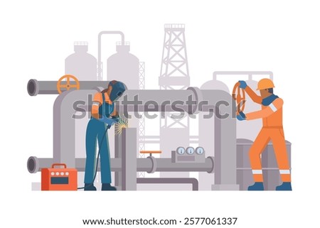 Oil and Gas Industry Workers Maintaining and Repairing Pipelines. Fully Editable Elements, Easy to Customize