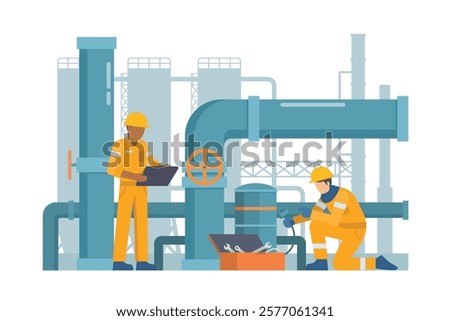 Oil and Gas Industry Workers Maintaining and Repairing Pipelines. Fully Editable Elements, Easy to Customize