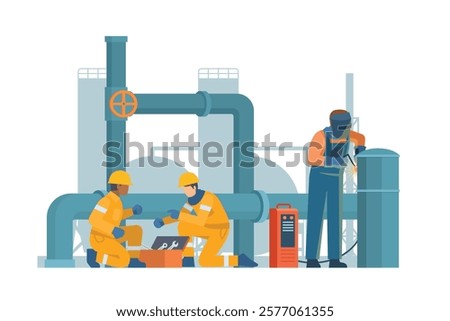 Oil and Gas Industry Workers Maintaining and Repairing Pipelines. Fully Editable Elements, Easy to Customize