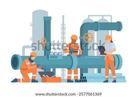 Oil and Gas Industry Workers Maintaining and Repairing Pipelines. Fully Editable Elements, Easy to Customize