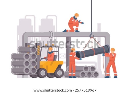 Oil and Gas Industry Workers Maintaining and Repairing Pipelines. Fully Editable Elements, Easy to Customize