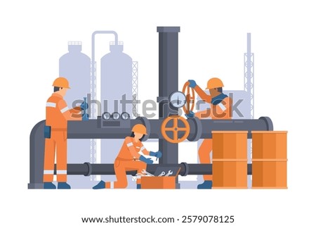 Oil and Gas Industry Workers Maintaining and Repairing Pipelines. Fully Editable Elements, Easy to Customize