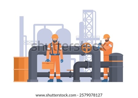 Oil and Gas Industry Workers Maintaining and Repairing Pipelines. Fully Editable Elements, Easy to Customize