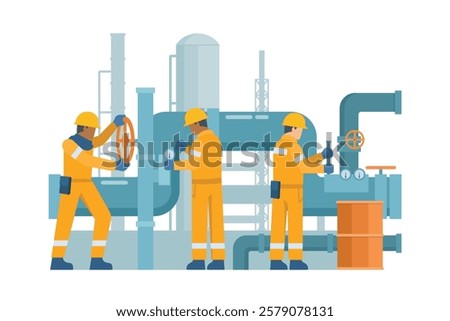 Oil and Gas Industry Workers Maintaining and Repairing Pipelines. Fully Editable Elements, Easy to Customize