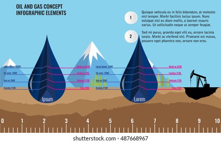 Oil and gas infographic design elements. 3d cut off Oil drops and soil ground and underground layers. Mountain background. Oil pump