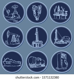 Oil and Gas infographic set. 12 sketch style pictograms with explaining signs represent various sectors of the petroleum industry. Sticker set. EPS10 vector illustration.